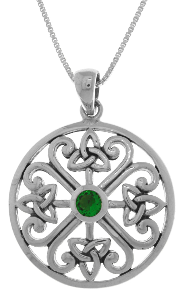 Jewelry Trends Sterling Silver Celtic Trinity Knot Medallion Pendant with Green Glass on 18 Inch Box Chain Necklace