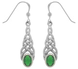 Jewelry Trends Sterling Silver Celtic Linear Knot Work Elegant Dangle Earrings with Green Glass