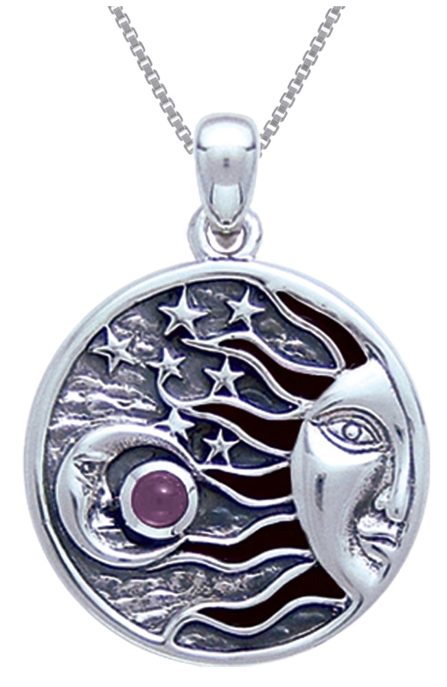 Jewelry Trends Sterling Silver with Amethyst Celestial Sun Moon Stars Pendant on 18 Inch Box Chain Necklace