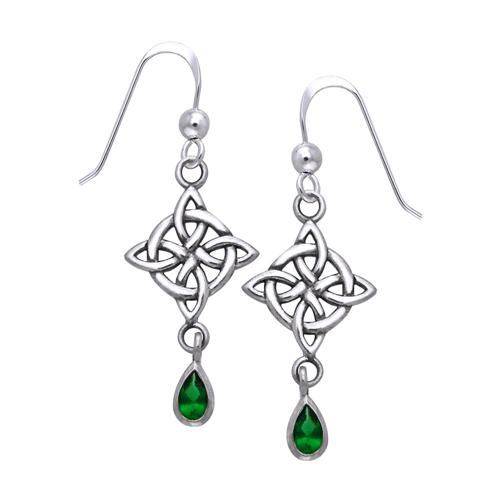 Jewelry Trends Sterling Silver and Dark Green Glass Celtic Luck Knotwork Dangle Earrings