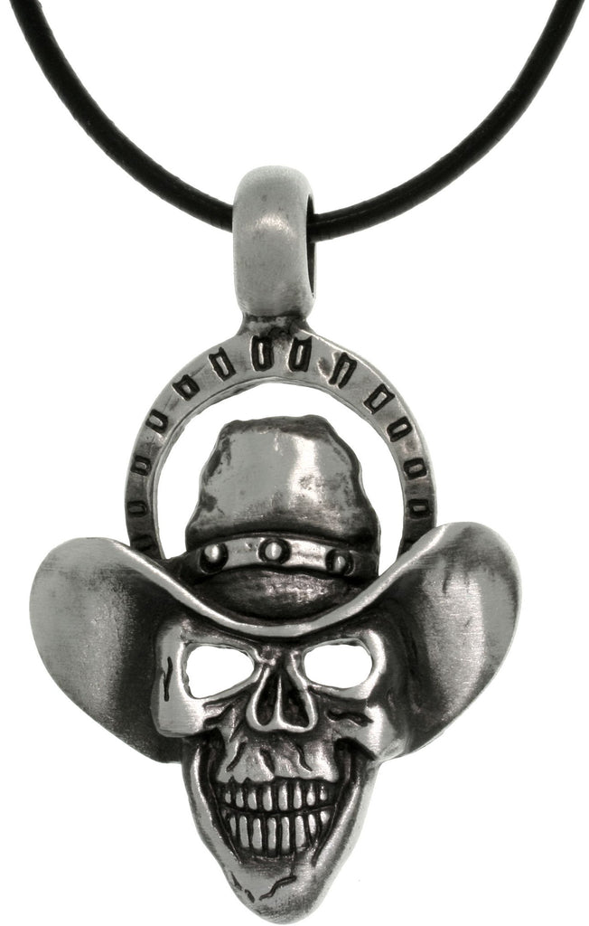 Jewelry Trends Pewter Skull with Cowboy Hat Pendant on Black Leather Cord Necklace