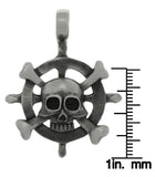 Jewelry Trends Pewter Captains Wheel with Skull and Crossbones Pendant on Black Leather Necklace
