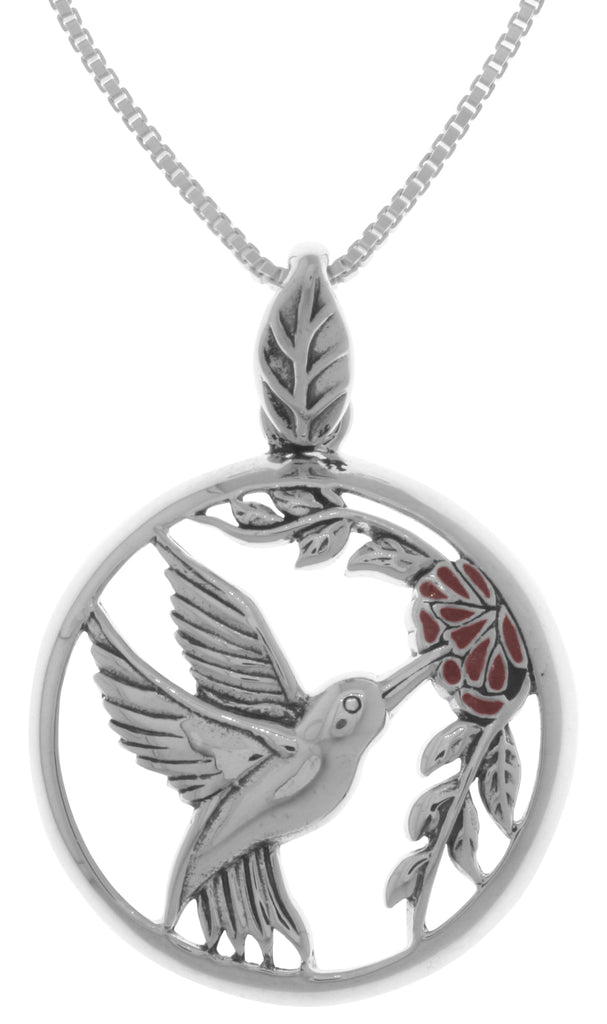 Jewelry Trends Hummingbird with Red Flower Bird Lover Sterling Silver Pendant Necklace 18"