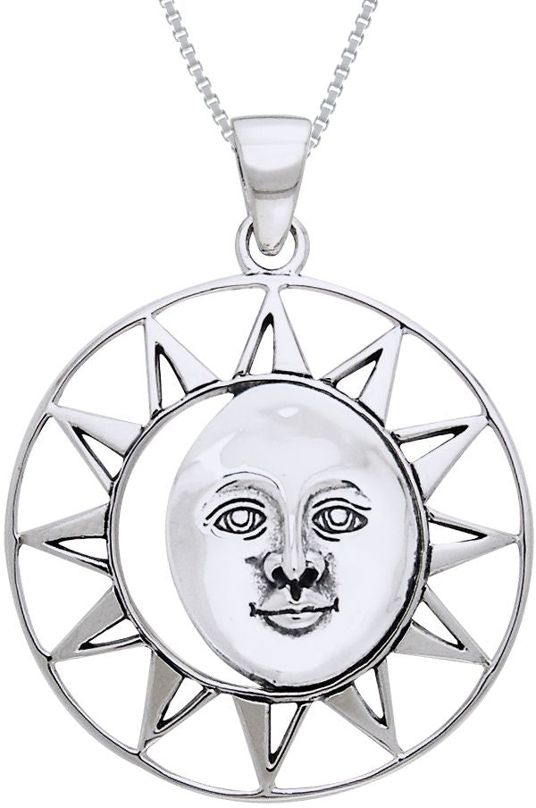 Jewelry Trends Sterling Silver Moon Sun Face Goddess Pendant on 18" Box Chain Necklace