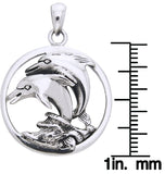Jewelry Trends Sterling Silver Double Jumping Mother and Baby Dolphin Circle Pendant on 18 Inch Box Chain Necklace