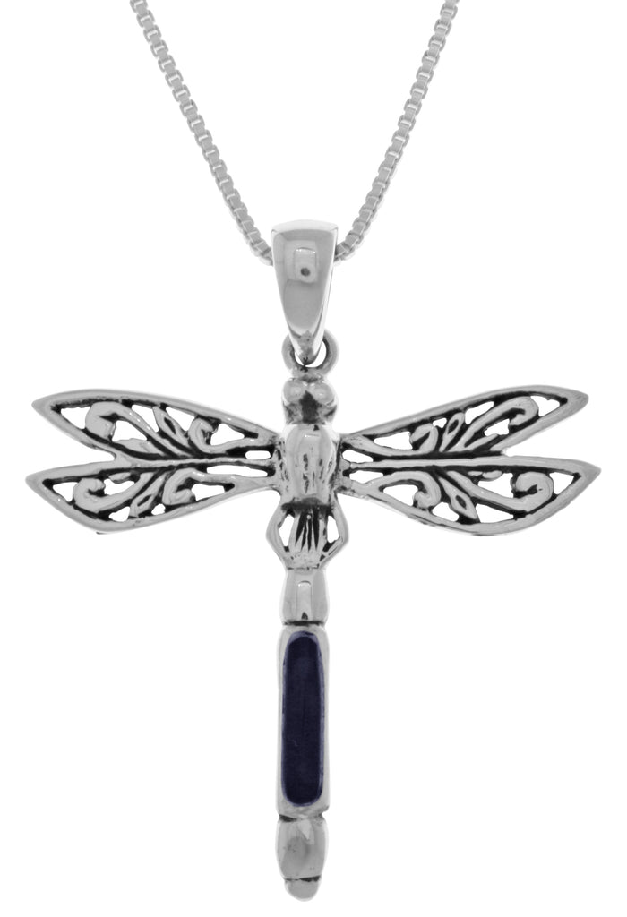 Jewelry Trends Sterling Silver Fancy Dragonfly Pendant with Blue Paua Shell on 18 Inch Box Chain Necklace