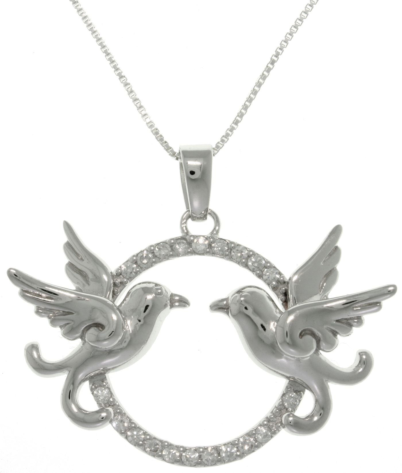 Jewelry Trends Sterling Silver Love Birds Dove Round Pave CZ Pendant with Box Chain Necklace Birthday Gift