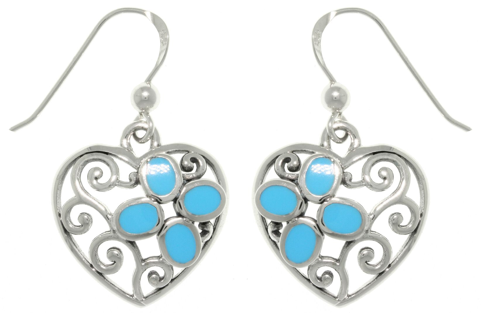 Jewelry Trends Sterling Silver Filigree Heart with Created Turquoise Dangle Earrings