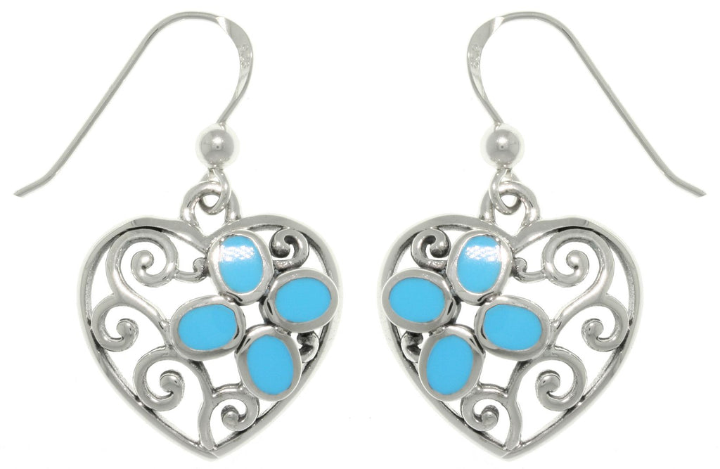 Jewelry Trends Sterling Silver Filigree Heart with Created Turquoise Dangle Earrings