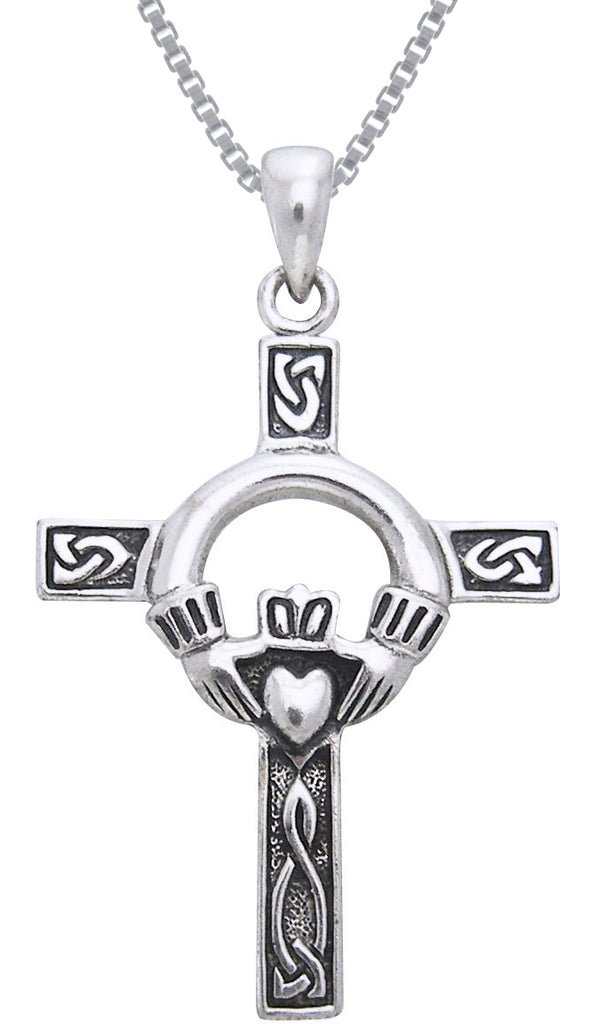 Jewelry Trends Sterling Silver Celtic Claddagh Cross Pendant on 18 Inch Box Chain Necklace