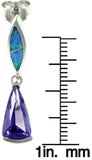 Opal Earrings - Sterling Silver Created Blue Opal Modern Dangle Earrings with Amethyst Purple CZ Stones