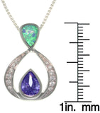 Opal Necklace - Sterling Silver Created Blue Opal Teardrop Pendant with Clear and Amethyst Purple CZ on Chain Necklace