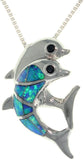Opal Necklace - Sterling Silver Created Blue Opal with CZ Playful Dolphins Pendant with 18 Inch Box Chain Necklace