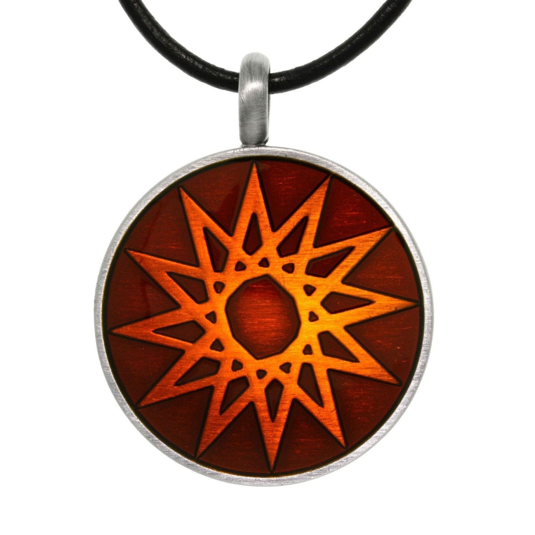 Magic Star Necklace - Pewter Magic Star Vibrant Blood Orange Round Celestial Success Pendant on 18" Black Leather Cord Necklace