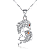 Dolphin Necklace - Sterling Silver Double Dolphin Mother and Baby CZ Crystal Pendant on 18 Inch Box Chain Necklace