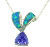 Opal Necklace - Sterling Silver Created Blue Opal and Amethyst Purple CZ Ribbon Pendant on 18 Inch Box Chain Necklace