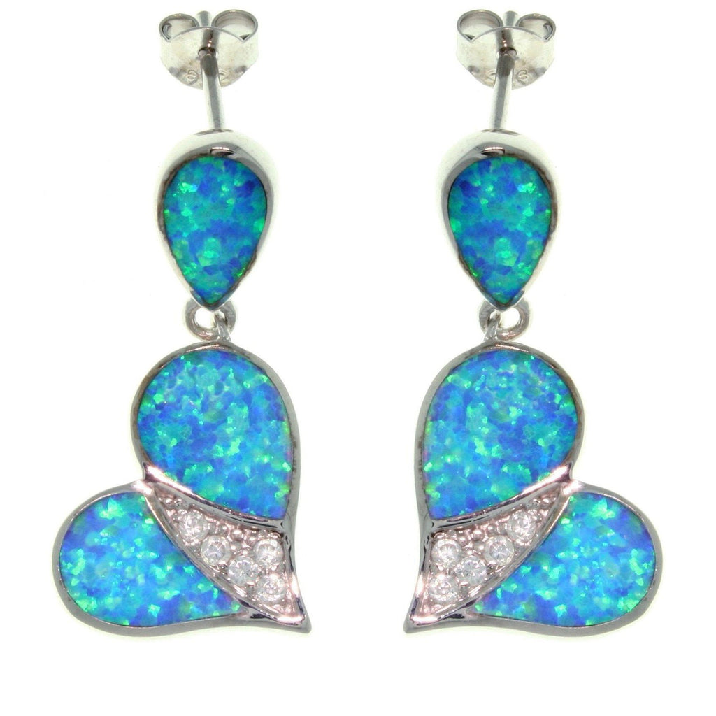 Opal Earrings - Sterling Silver Created Blue Opal with Pave Clear Cubic Zirconia CZ Heart Dangle Earrings