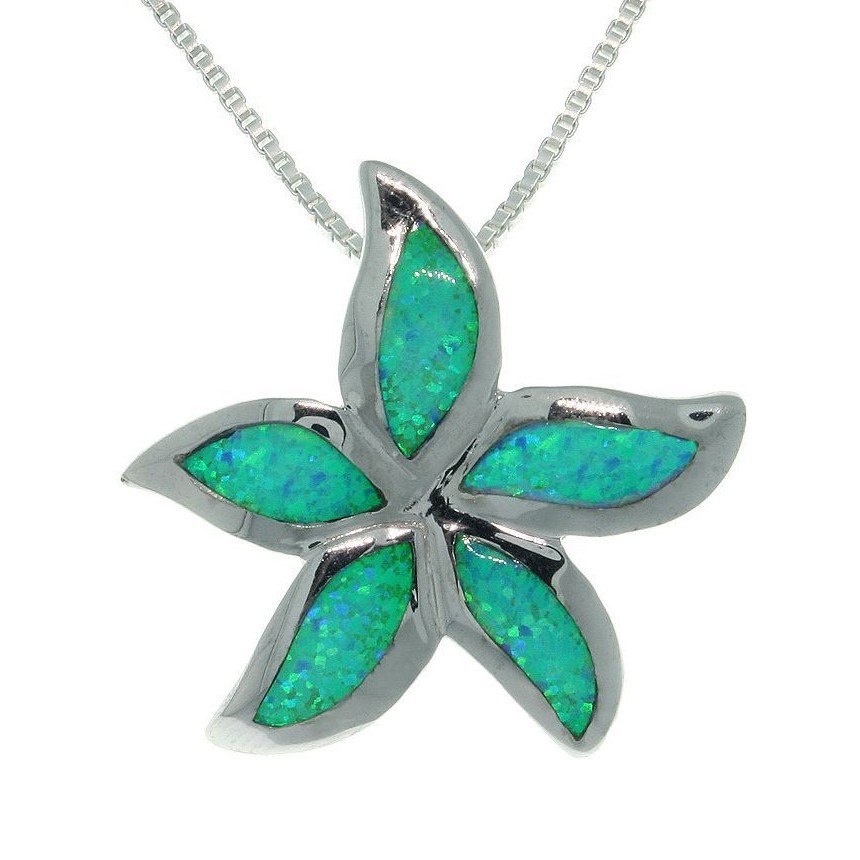 Opal Necklace - Sterling Silver Created Blue Opal Large Starfish Pendant with 18 Inch Box Chain Necklace