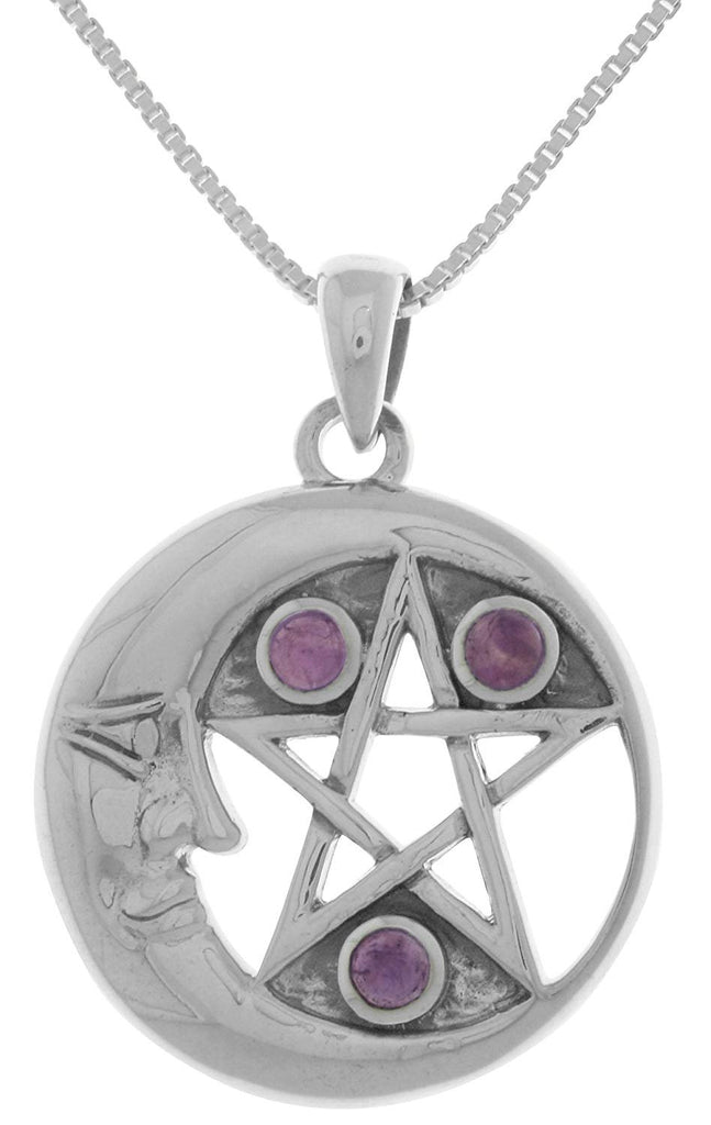 Jewelry Trends Sterling Silver Moon and Star Pentacle Pendant with Amethyst on 18 Inch Chain Necklace