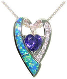 Opal Heart Necklace - Sterling Silver Created Blue Opal Double Heart Pendant with Clear and Amethyst Purple CZ Cubic Zirconia on 18" Chain Necklace