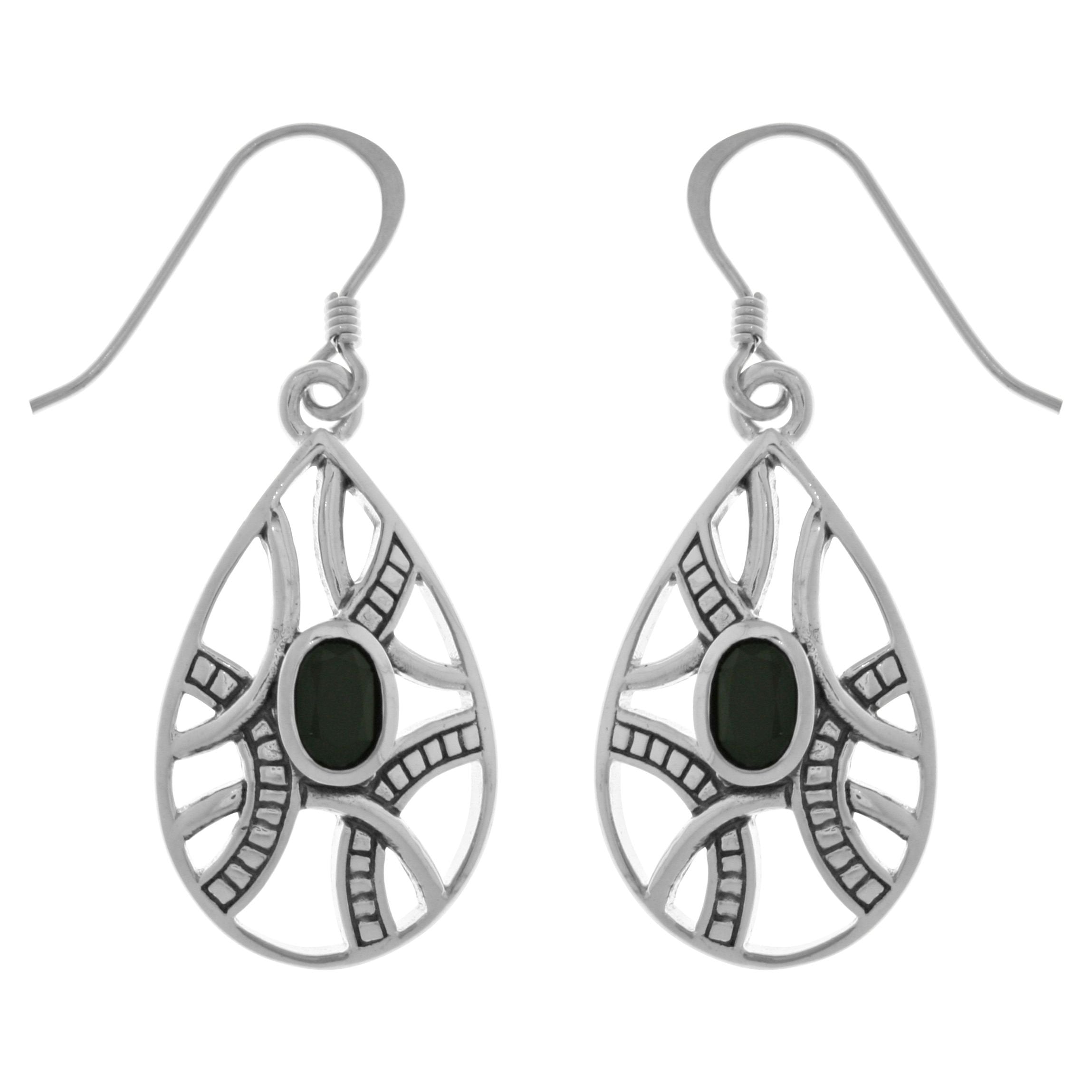 Contemporary Silver Earrings Teardrop Silver Plated Bronze with Black Onyx Gems