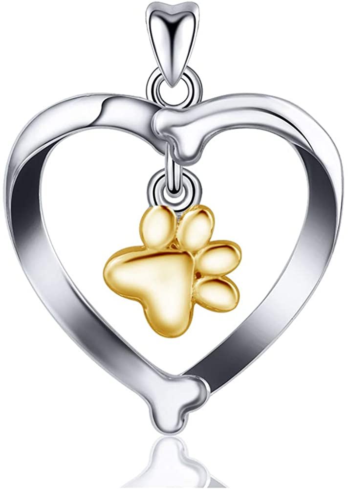 Jewelry Trends Dog Bone Heart with Dangle Paw Print Sterling Silver Pendant Necklace 18"