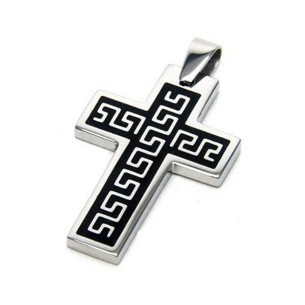 Greek Key Cross - Stainless Steel Greek Key Cross Pendant on Black Rolled Leather Necklace
