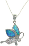 Opal Necklace - Sterling Silver Created Opal and CZ Playful Butterfly Pendant with 18 Inch Box Chain Necklace