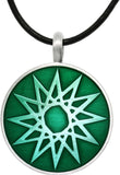 Magic Star Necklace - Pewter Magic Star Vibrant Green Round Celestial Success Pendant on Black Leather Cord Necklace
