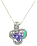 Opal Necklace - Sterling Silver Created Blue Opal with Clear and Amethyst Purple CZ Flower Heart Pendant on 18" Box Chain Necklace