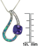 Opal Necklace - Sterling Silver Created Blue Opal Teardrop Pendant with Pave Clear and Amethyst Purple CZ on Chain Necklace