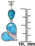 Opal Earrings - Sterling Silver Created Blue Opal with Pave Clear Cubic Zirconia CZ Heart Dangle Earrings