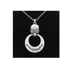 Ring Skull Necklace - Pewter Skull with Tribal Ring Pendant on 24 Inch Chain Necklace