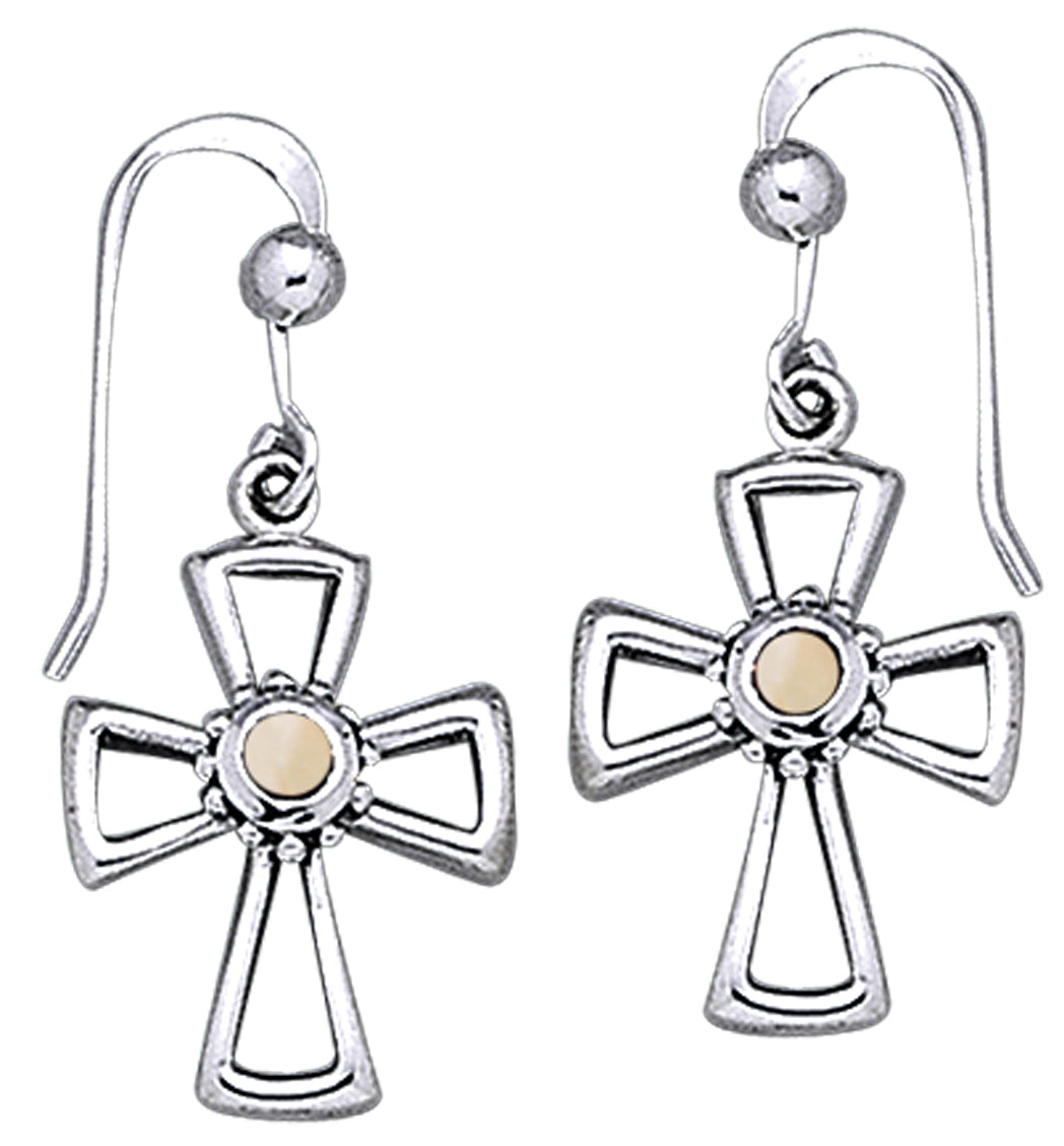 Jewelry Trends Sterling Silver and Mother of Pearl Celtic Cross Dangle Earrings