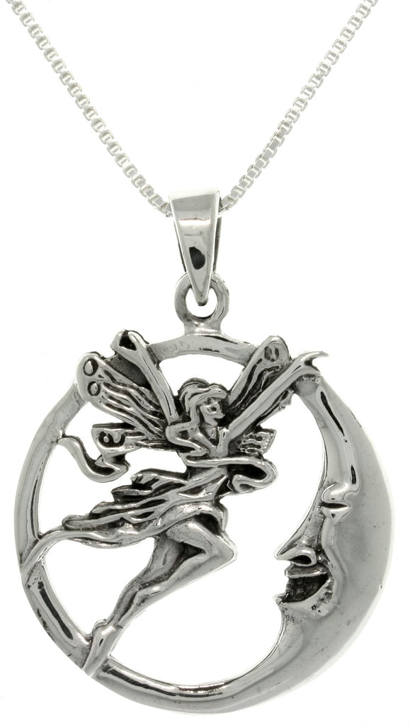 Jewelry Trends Sterling Silver Fairy and Moon Round Pendant on 18 Inch Chain Necklace