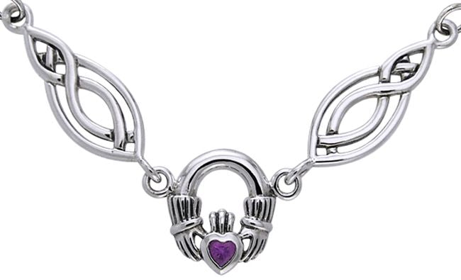 Jewelry Trends Sterling Silver Celtic Claddagh with Amethyst Pendant on Oval Knot and Chain Necklace Necklace
