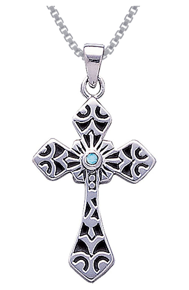 Jewelry Trends Sterling Silver with Blue Topaz Celtic Cross Pendant on 18 Inch Box Chain Necklace