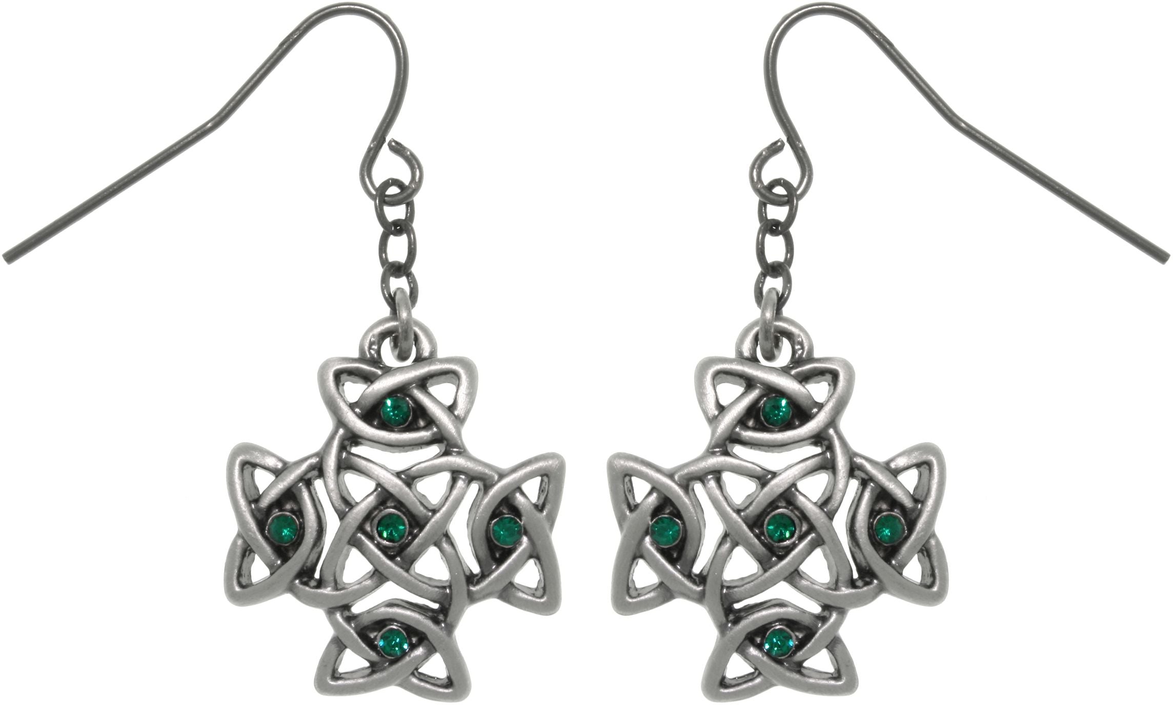 Jewelry Trends Pewter Celtic Cross with Green Crystal Rhinestones Dangle Earrings