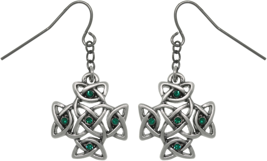 Jewelry Trends Pewter Celtic Cross with Green Crystal Rhinestones Dangle Earrings