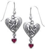 Jewelry Trends Sterling Silver Winged Angel Cherub Garnet Heart Dangle Earrings