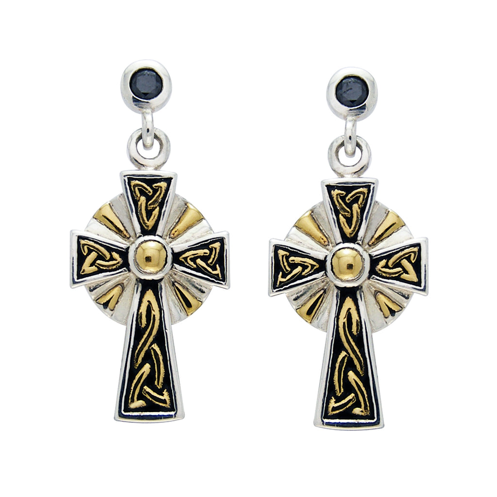 Jewelry Trends Sterling Silver and Gold Plated Celtic Cross Dangle Earrings with Black CZ Posts