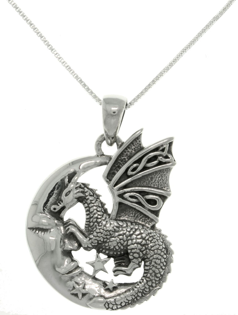 Jewelry Trends Sterling Silver Moon and Dragon Celtic Knot Pendant on 18" Box Chain Necklace