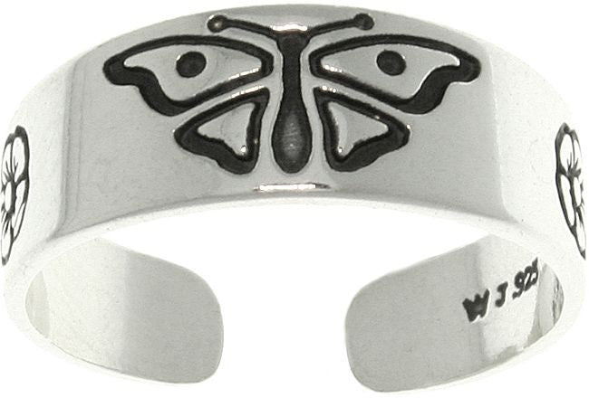 Jewelry Trends Sterling Silver Butterfly and Daisy Flowers Adjustable Toe Ring