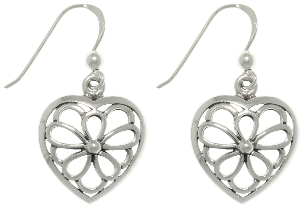 Jewelry Trends Sterling Silver Open Flower Heart Dangle Earrings