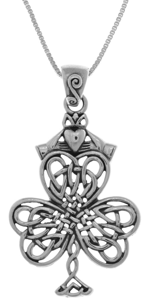 Jewelry Trends Celtic Shamrock & Irish Claddagh Sterling Silver Pendant on 18 Inch Necklace