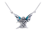 Jewelry Trends Sterling Silver Teal Enameled Dark Wings Fairy Pendant on Link Necklace Chain By Jessica Galbreth