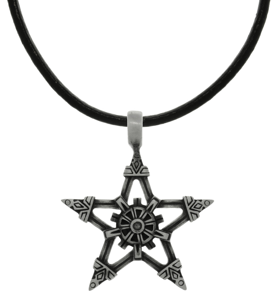 Jewelry Trends Pewter Viking Star Pendant on Black Leather Necklace