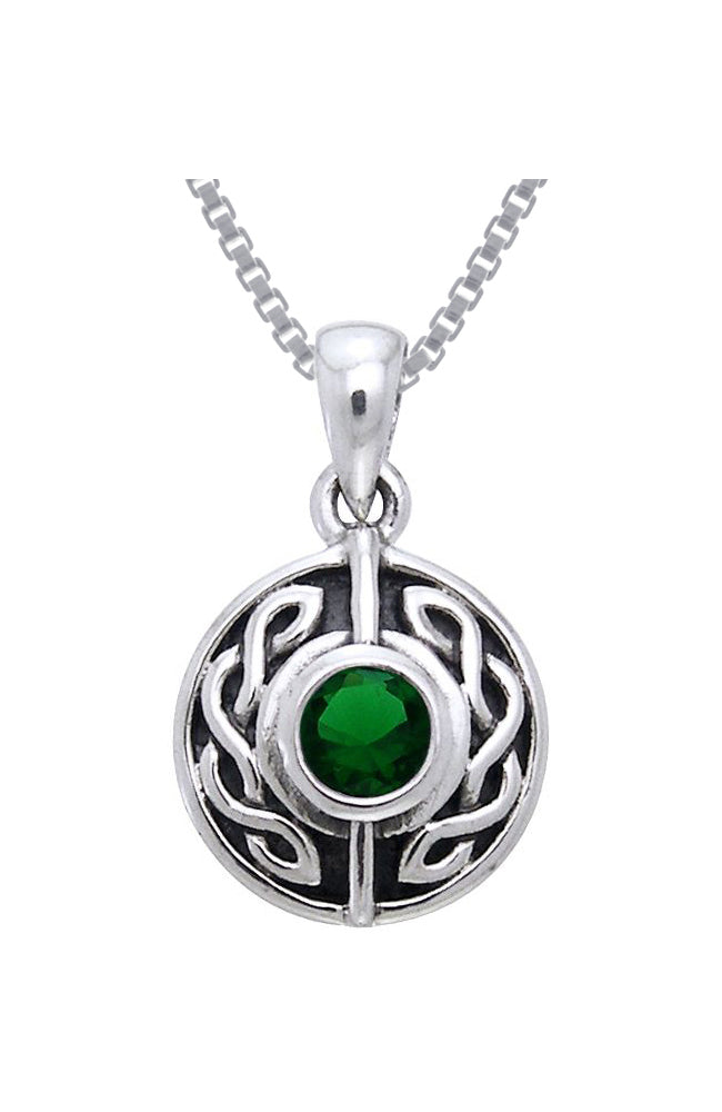 Jewelry Trends Sterling Silver with Green Glass Celtic Knot Pendant on 18 Inch Box Chain Necklace