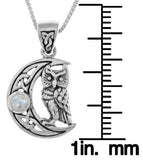 Jewelry Trends Sterling Silver Celtic Crescent Moon and Owl Pendant with Rainbow Moonstone on 18 Inch Chain Necklace