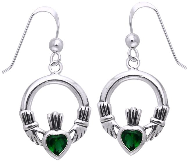 Jewelry Trends Sterling Silver Celtic Claddagh Heart Crown Dark Green Glass Dangle Earrings